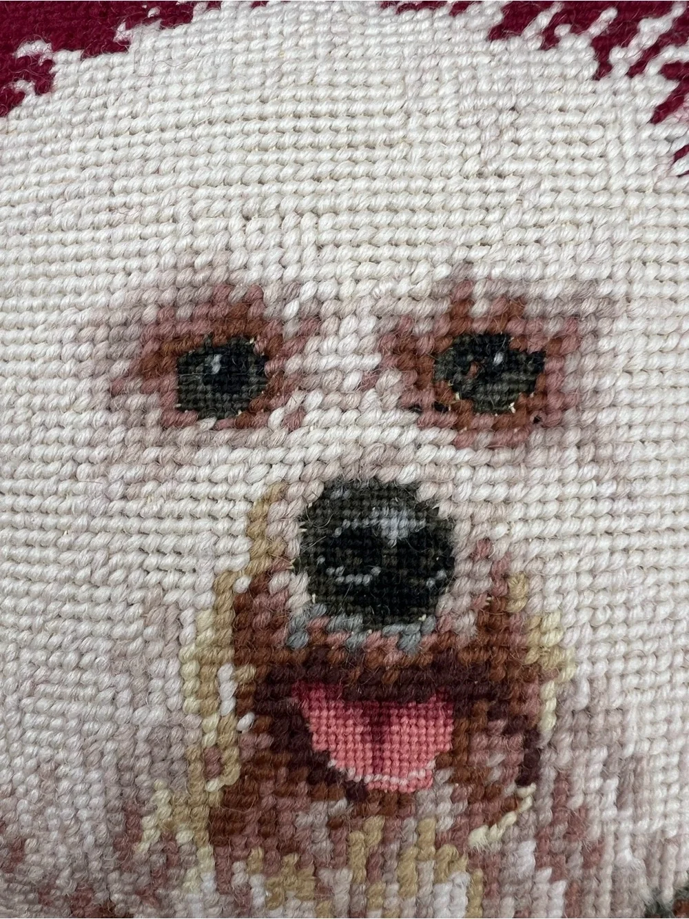 Vintage Handmade Wool Needlepoint Bichon Pillow 10